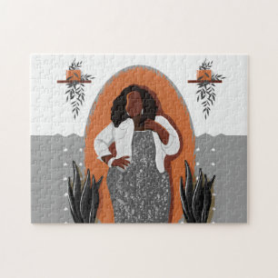 Curvy, Schwarze Frau, Hauspflanzen, Orange & Grau Puzzle