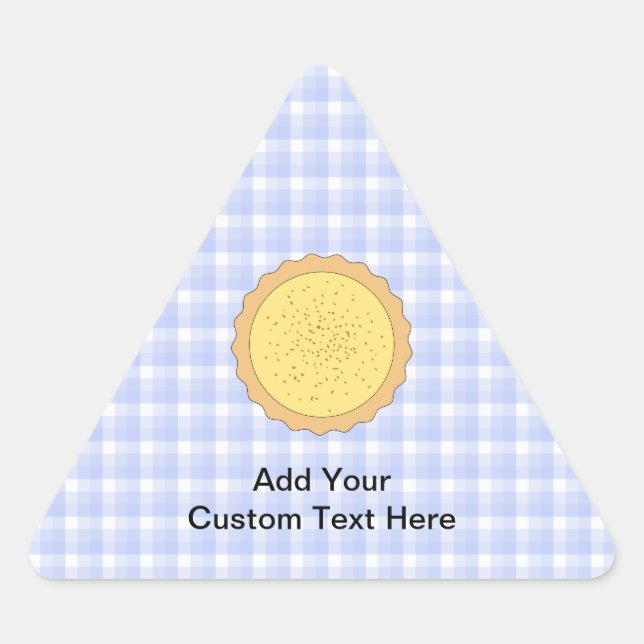 Custard Pie. Gelber Teppich, mit blauem Gingham. Dreieckiger Aufkleber (Vorderseite)