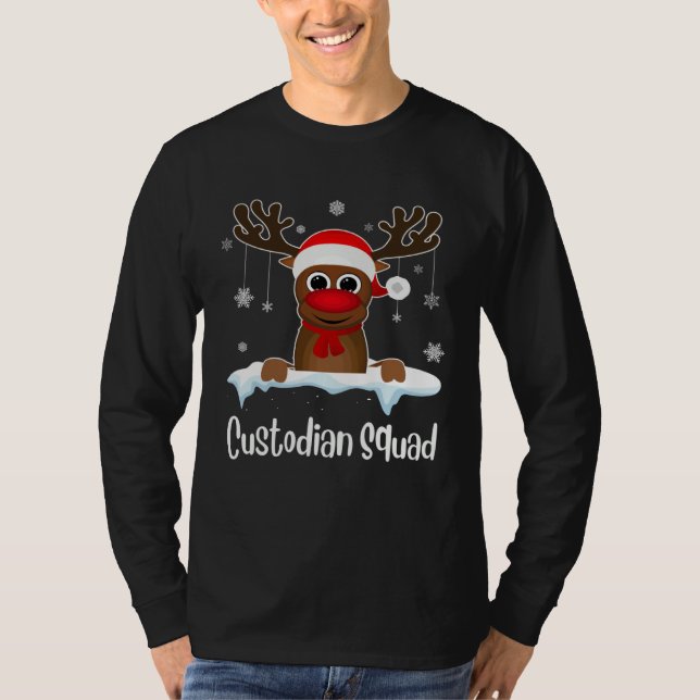 Custodian Squad Xmas Reindeer Santa Hat Christmas  T-Shirt (Vorderseite)