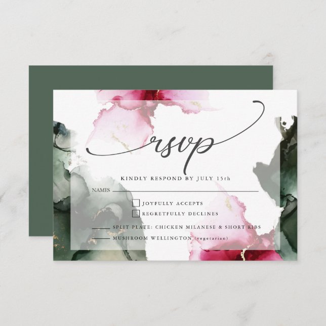 Custom2 Crimson und Sage Green Watercolor RSVP Karte (Vorne/Hinten)