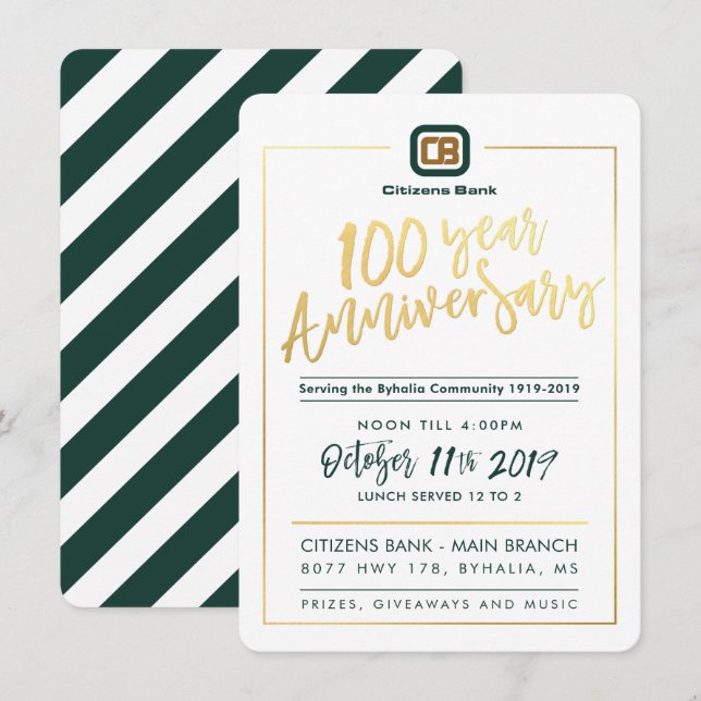 CUSTOM 100-JÄHRIGES PARTY - Citizens Bank Einladung (Vorne/Hinten)
