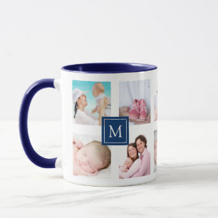 Custom 10 Foto Collage Dark Blue Monogram Tasse