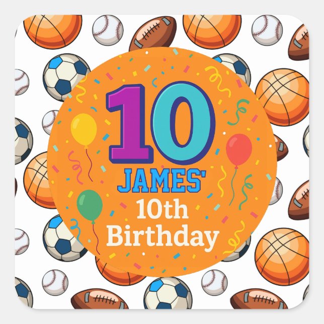Custom 10. Geburtstag Sport Thema Stickers (Vorderseite)