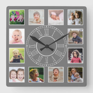Custom 12 Family Foto Collage Gray Roman Numeral Quadratische Wanduhr