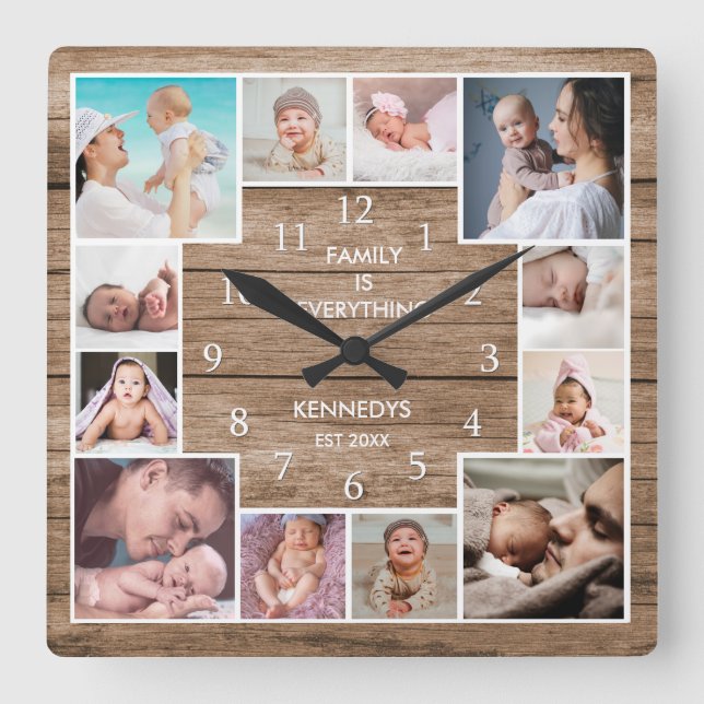 Custom 12 Family Foto Collage reclased Holz Quadratische Wanduhr (Vorderseite)