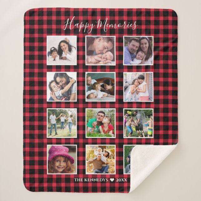 Custom 12 Family Foto Collage Red Buffalo Kariert Sherpadecke (Vorderseite)