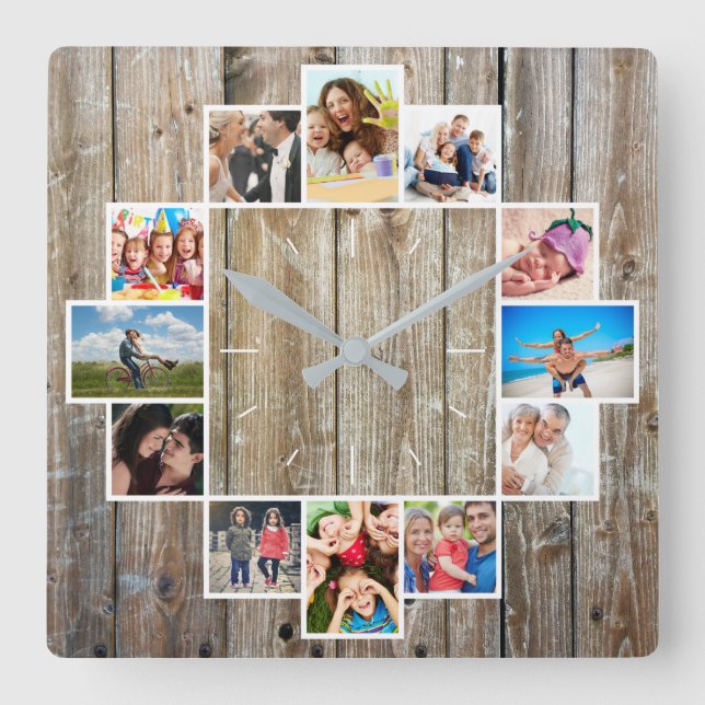 Custom 12 Family Foto Collage Rustikales Bauernhau Quadratische Wanduhr (Vorderseite)
