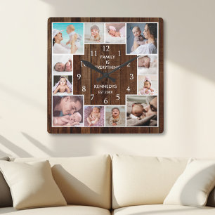 Custom 12 Family Foto Collage Rustikales braunes H Quadratische Wanduhr