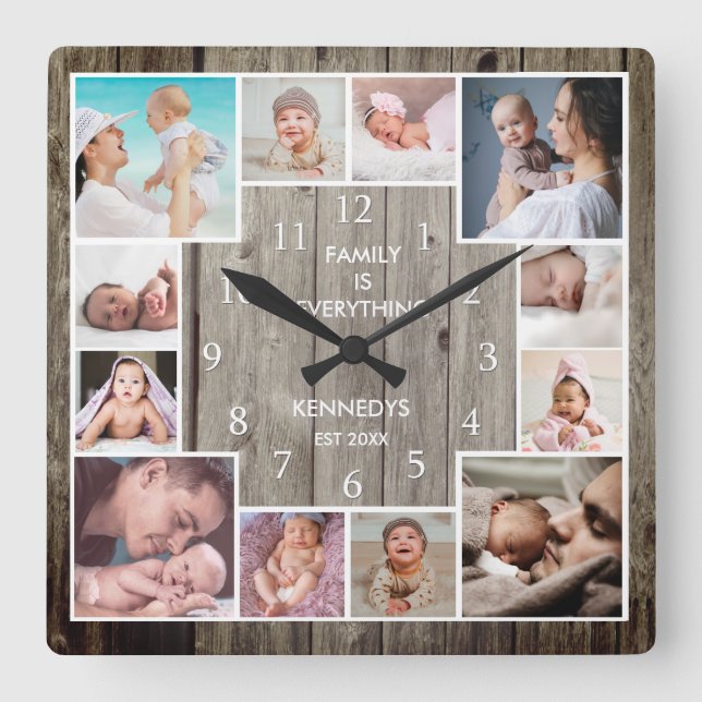Custom 12 Family Foto Collage Rustikales Holz Quadratische Wanduhr (Vorderseite)