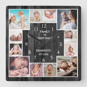 Custom 12 Family Foto Collage Rustikales Schwarzes Quadratische Wanduhr