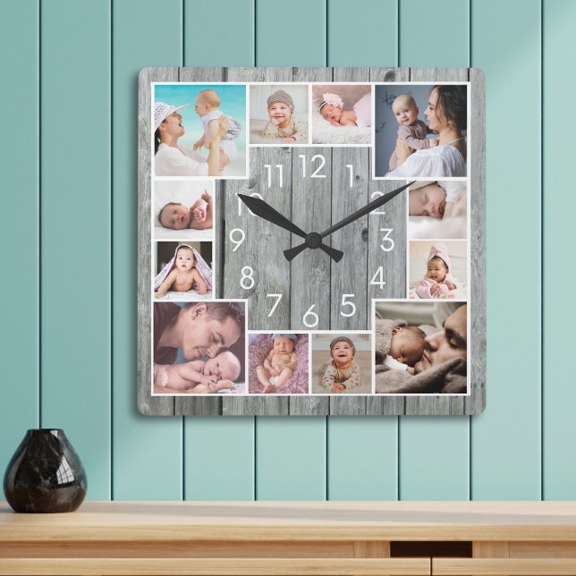 Custom 12 Family Photo Collage Rustic Gray Wood Quadratische Wanduhr (Von Creator hochgeladen)