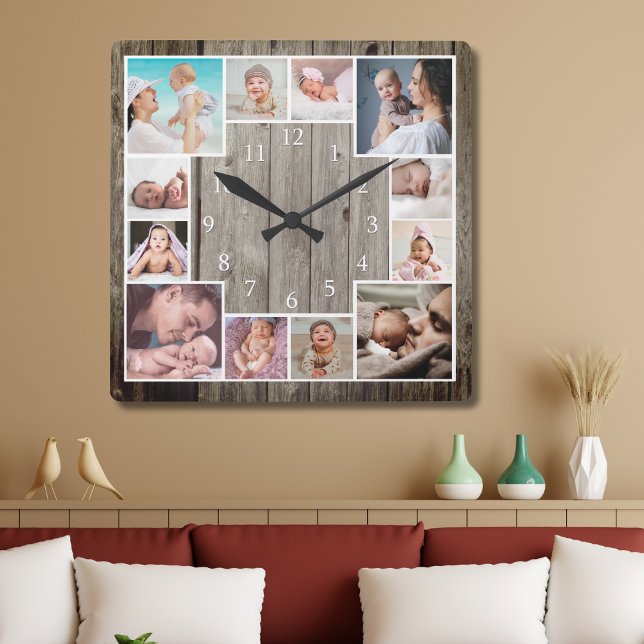Custom 12 Family Photo Collage Rustic Wood   Quadratische Wanduhr (Von Creator hochgeladen)