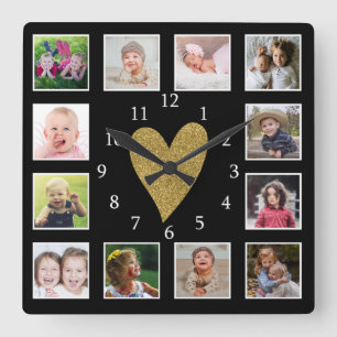 Custom 12 Foto Collage Black and Gold Heart Quadratische Wanduhr