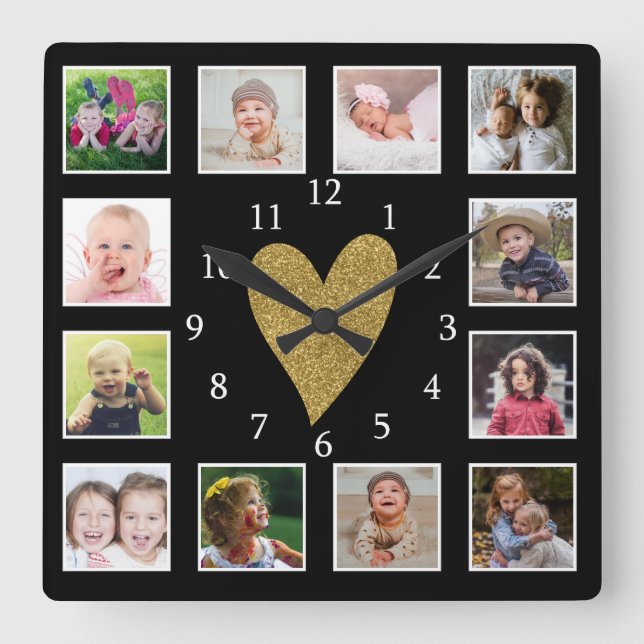 Custom 12 Foto Collage Black and Gold Heart Quadratische Wanduhr (Vorderseite)