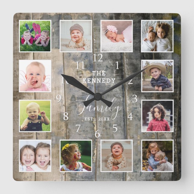 Custom 12 Foto Collage Familienname Festes Holz Quadratische Wanduhr (Vorderseite)