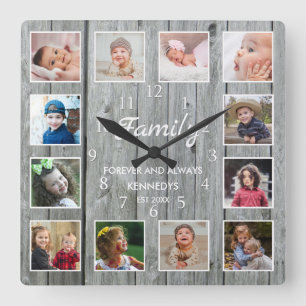 Custom 12 Foto Collage Family Forever Graues Holz Quadratische Wanduhr