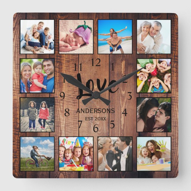 Custom 12 Foto Collage Family Liebe veredelt Holz Quadratische Wanduhr (Vorderseite)