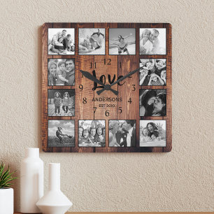 Custom 12 Foto Collage Family Liebe veredelt Holz Quadratische Wanduhr