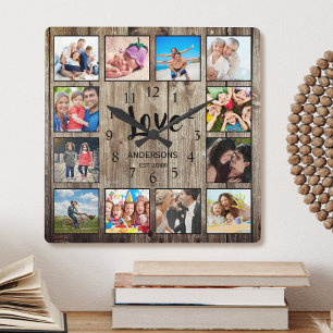 Custom 12 Foto Collage Family Liebe veredelt Holz Quadratische Wanduhr