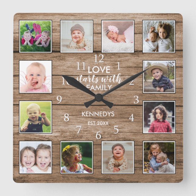 Custom 12 Foto Collage Family Liebe Zitat Holz Quadratische Wanduhr (Vorderseite)