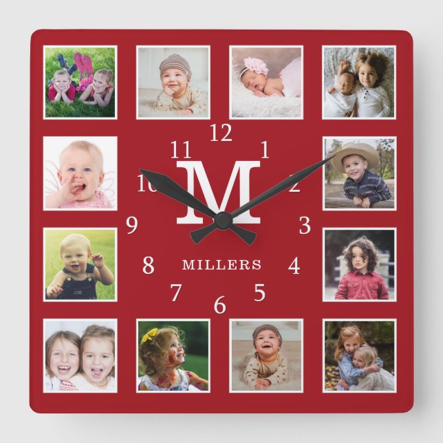 Custom 12 Foto Collage Family Name Monogram Red Quadratische Wanduhr (Vorderseite)