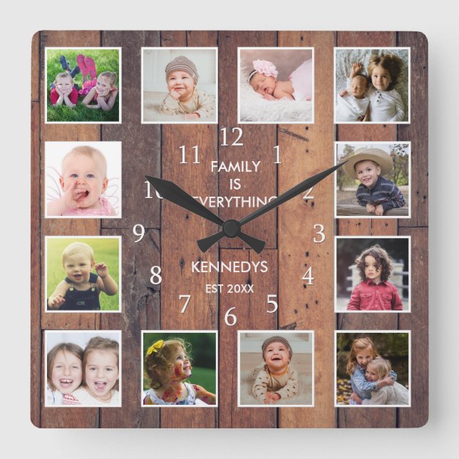 Custom 12 Foto Collage Family Quote Palette Holz Quadratische Wanduhr (Vorderseite)
