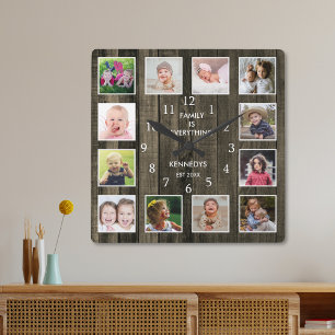 Custom 12 Foto Collage Family Quote Palette Holz Quadratische Wanduhr