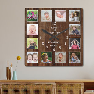 Custom 12 Foto Collage Family Quote Palette Holz Quadratische Wanduhr