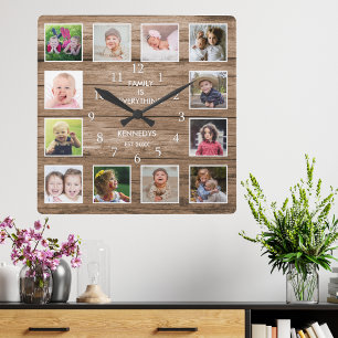 Custom 12 Foto Collage Family Quote reclasedWood Quadratische Wanduhr