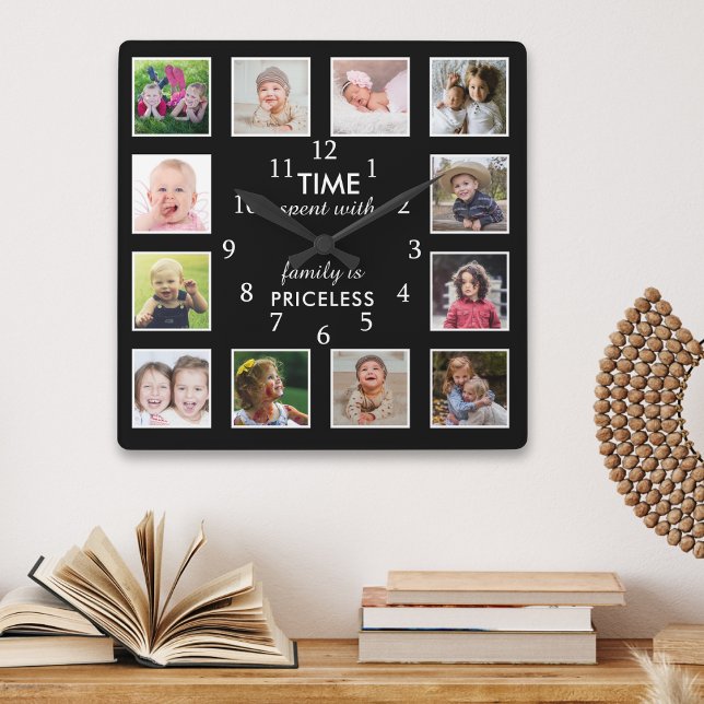 Custom 12 Foto Collage Family Time Quote Black Quadratische Wanduhr (Von Creator hochgeladen)