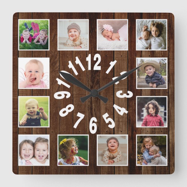 Custom 12 Foto Collage Frame Paletten Holz Quadratische Wanduhr (Vorderseite)
