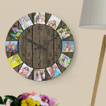 Custom 12 Foto Collage Rustic Dark Wood Round Große Wanduhr<br><div class="desc">Erstellen Sie Ihre eigene einzigartige Wanduhr. Die Fotovorlage ist für Sie bereit, 12 Ihrer Lieblings-Fotos hinzuzufügen. Das Set ist für Sie bereit. Fügen Sie Ihre Bilder von oben im Uhrzeigersinn hinzu und schalten Sie sie um, um das gewollt Aussehen zu erhalten. Dieses dunkle Holzdesign hat schwarze Zahlen und wird mit...</div>