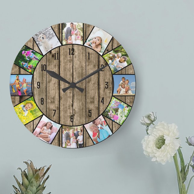 Custom 12 Foto Collage Rustic Natural Wood Round Große Wanduhr (Photo clock with 12 photos, one at each hour. Great design for your home or a thoughtful photo gift.)