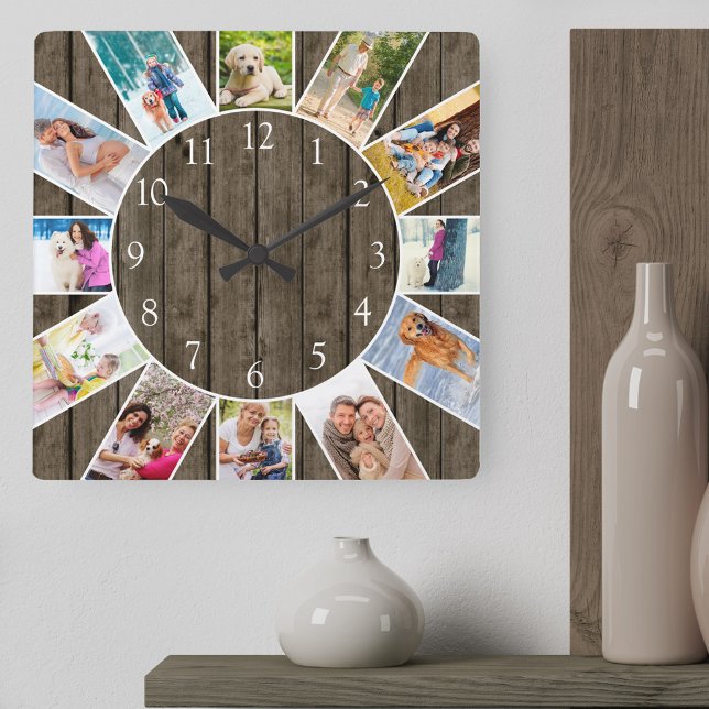 Custom 12 Foto Collage Rustikales Dunkles Holz Quadratische Wanduhr (Photo clock with 12 photos, one at each hour. Great design for your home or a thoughtful photo gift.)