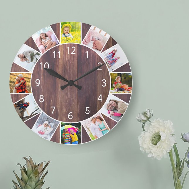Custom 12 Foto Collage Warm Holz Round Große Wanduhr (Photo clock with 12 photos, one at each hour. Great design for your home or a thoughtful photo gift.)