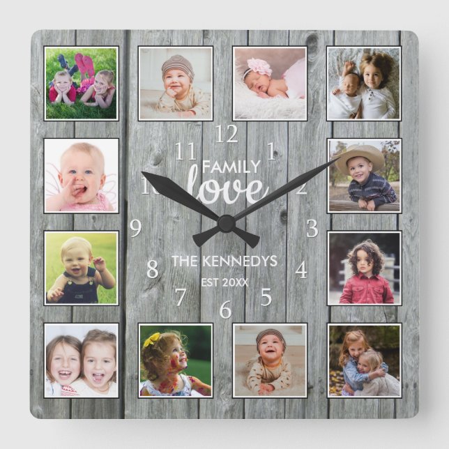 Custom 12 Foto von Collage Family Love Gray Wood Quadratische Wanduhr (Vorderseite)