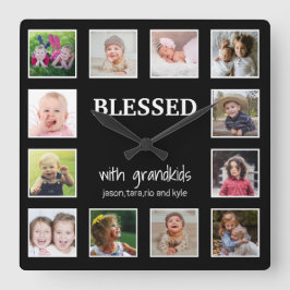 Custom 12 FotoCollage gesegnet mit Großkindern Quadratische Wanduhr