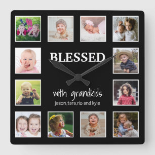 Custom 12 FotoCollage gesegnet mit Großkindern Quadratische Wanduhr