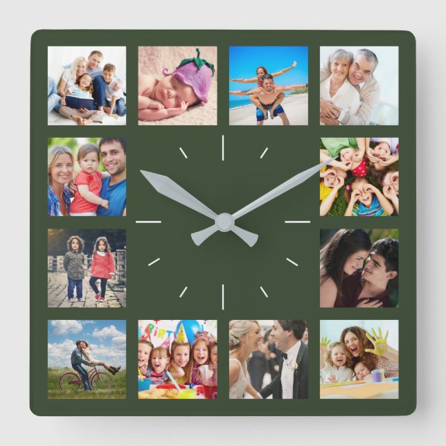Custom 12 Keepake Familie Foto Collage Kinder Haus Quadratische Wanduhr (Vorderseite)