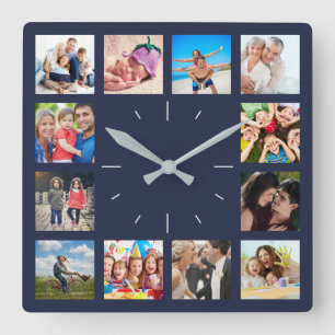 Custom 12 Keepake Family Foto Collage Navy Quadratische Wanduhr