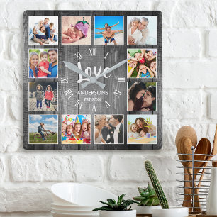 Custom 12 Photo Collage Family Love Reclaimed Wood Quadratische Wanduhr