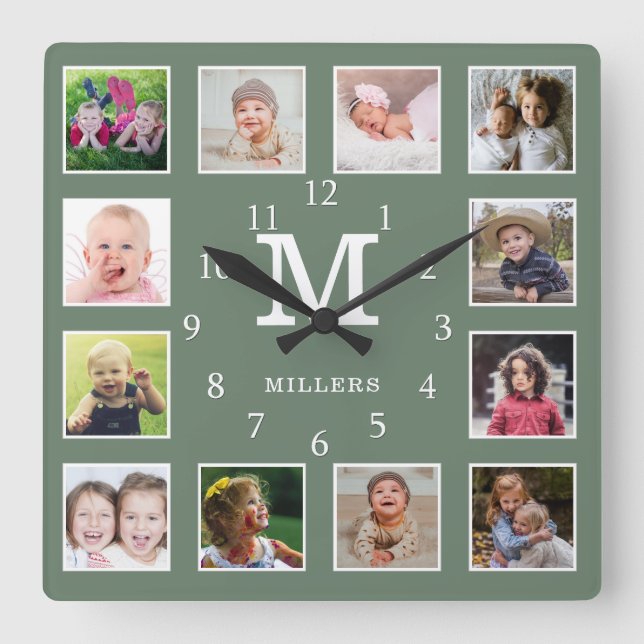 Custom 12 Photo Collage Family Name Monogram Green Quadratische Wanduhr (Vorderseite)