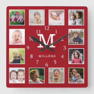 Custom 12 Photo Collage Family Name Monogram Red Quadratische Wanduhr