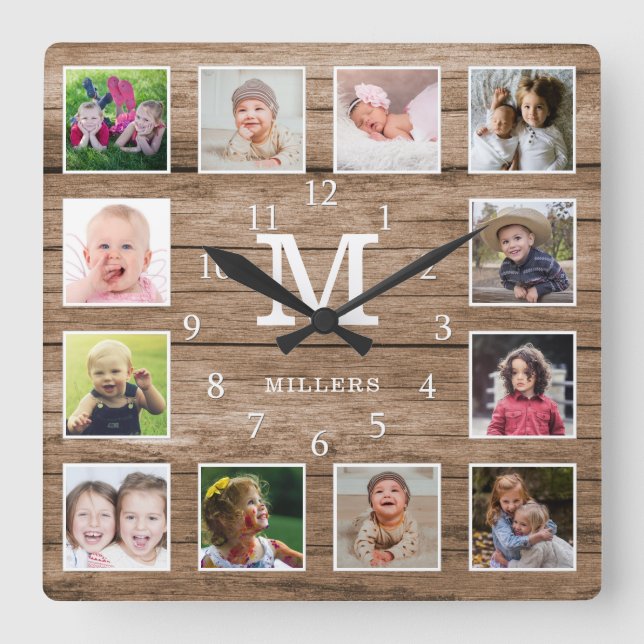 Custom 12 Photo Collage Family Name Monogram Wood Quadratische Wanduhr (Vorderseite)
