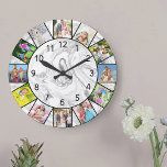 Custom 12 Photo Collage Grey White Marble Round Große Wanduhr<br><div class="desc">Create your own unique wall clock. The photo template is set up ready for you to add 12 of your favorite photos. Add your pictures working clockwise from the top and switch them around to get the look you want. This elegant grey and white marble design has black numbers and...</div>