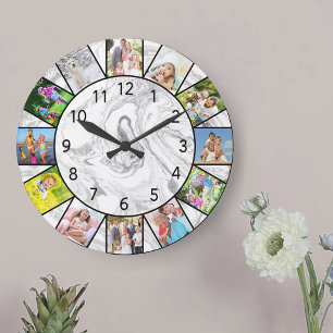 Custom 12 Photo Collage Grey White Marble Round Große Wanduhr