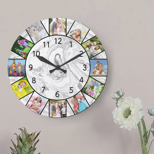 Custom 12 Photo Collage Grey White Marble Round Große Wanduhr (Photo clock with 12 photos, one at each hour. Great design for your home or a thoughtful photo gift.)