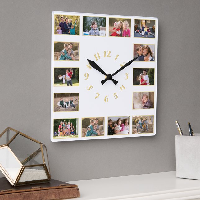 Custom 14 Foto Collage Wedding Anniversary Family Quadratische Wanduhr (Custom 14 Photo Collage Wedding Anniversary Family Square Wall Clock)