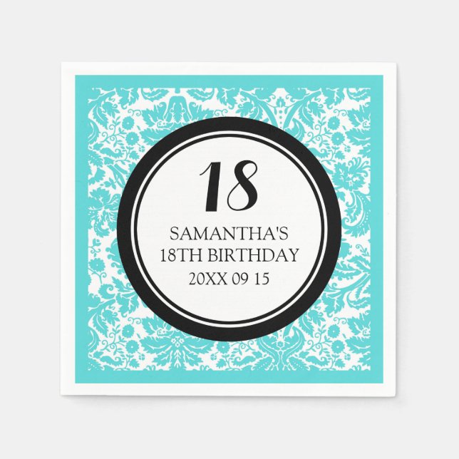 Custom 18. Geburtstag Napkin Aqua Black Damask Serviette (Vorderseite)