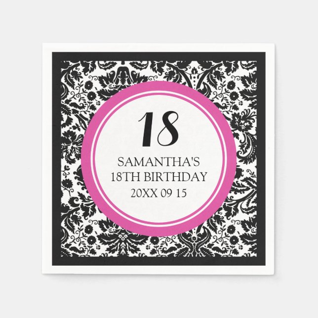 Custom 18. Geburtstag Napkin Pink Black Damask Serviette (Vorderseite)